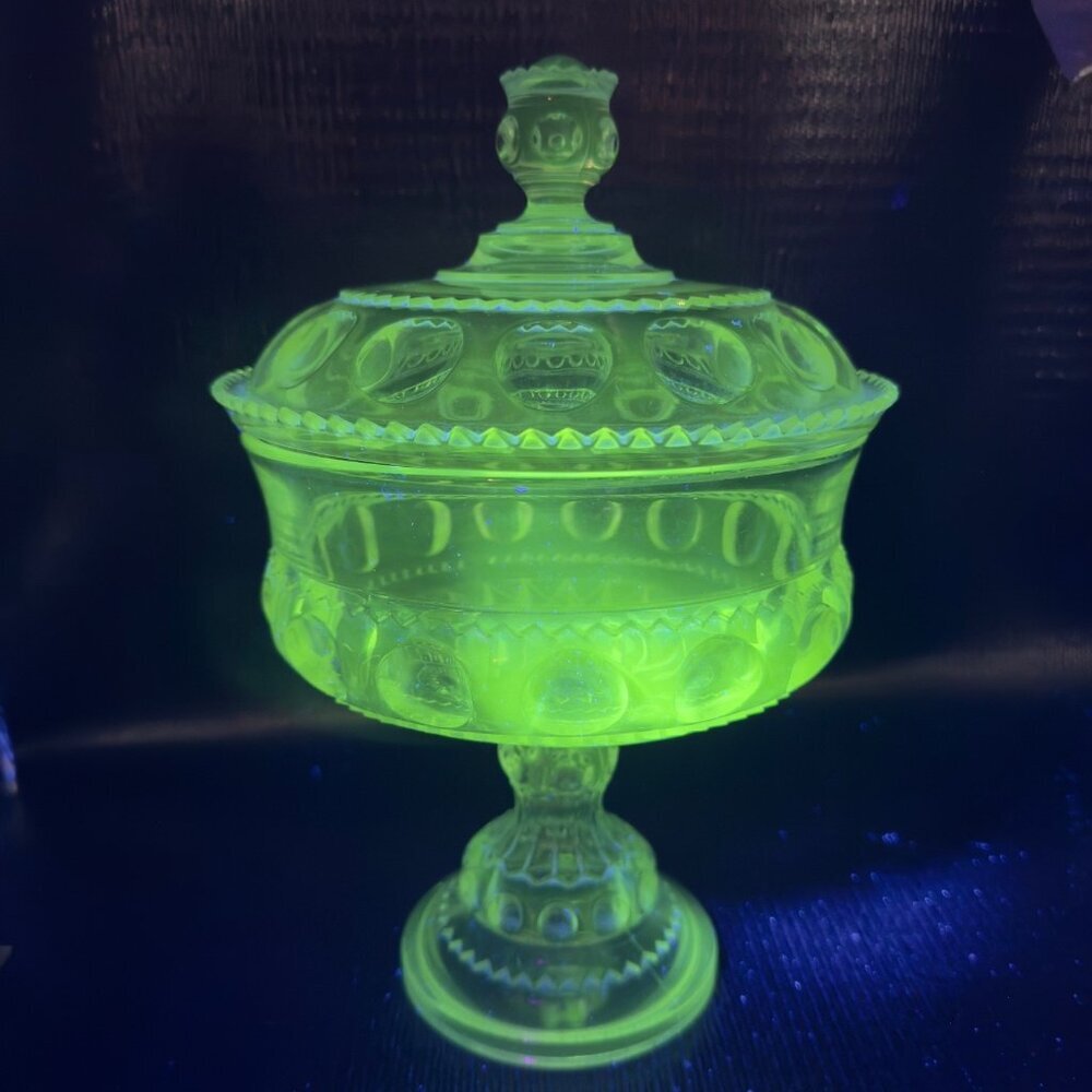 EAPG Kings Crown Covered Compote Adams Thumbprint Clear Manganese 365nm UV Large